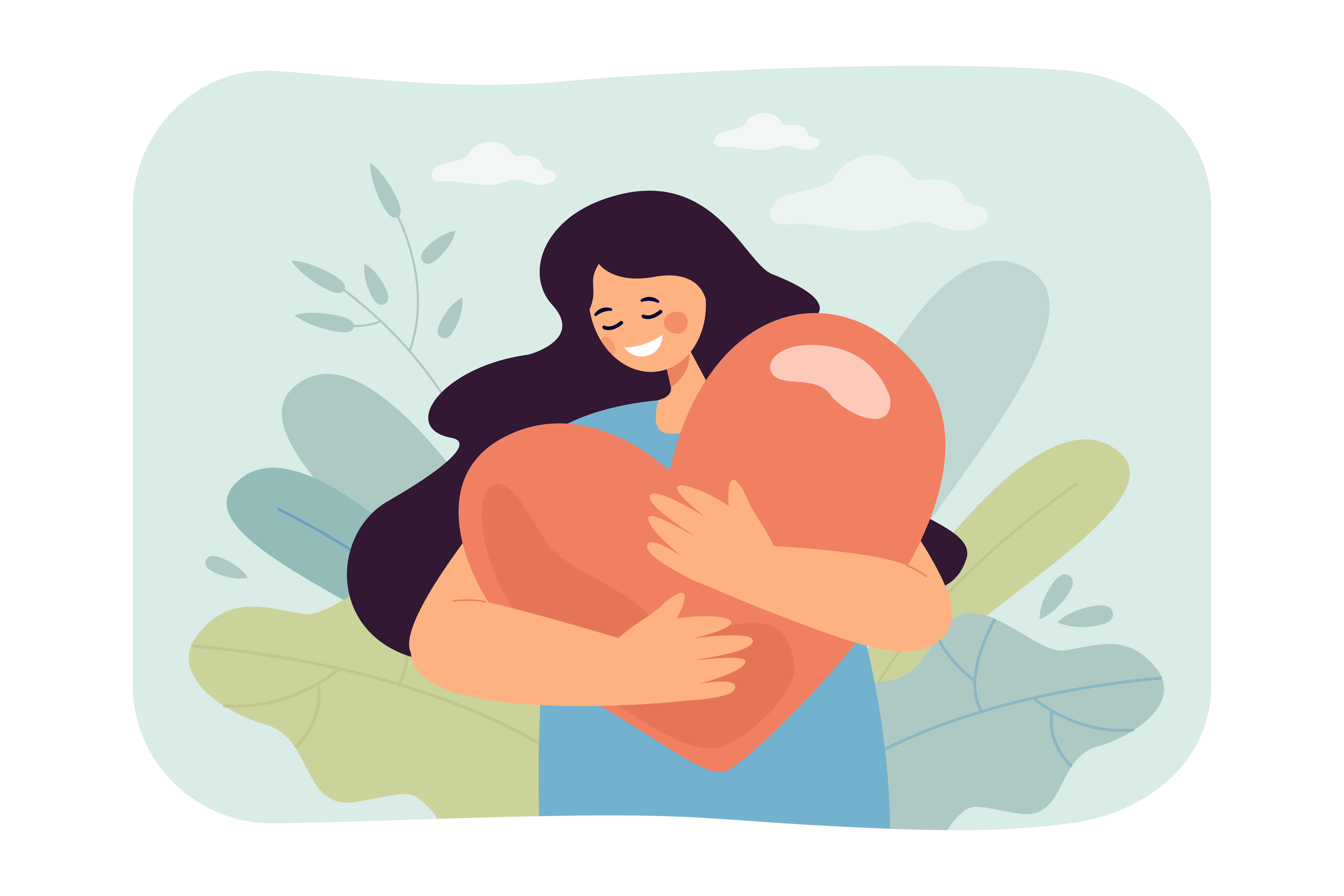 Young woman holding big heart. Female character smiling, getting help, strength and freedom flat vector illustration. Mental health, love, peace concept for banner, website design or landing web page