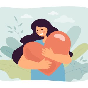 Young woman holding big heart. Female character smiling, getting help, strength and freedom flat vector illustration. Mental health, love, peace concept for banner, website design or landing web page