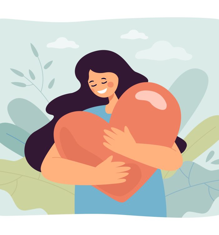 Young woman holding big heart. Female character smiling, getting help, strength and freedom flat vector illustration. Mental health, love, peace concept for banner, website design or landing web page